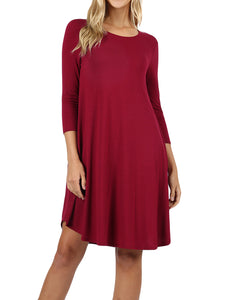 V-Neck 3/4 Sleeve Casual Dress- Cabernet